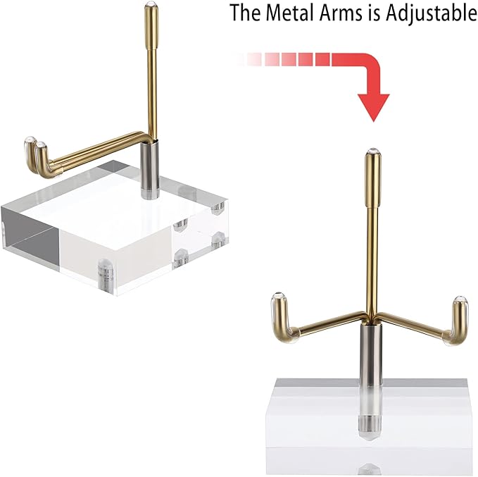 Hipiwe Adjustable Metal Arms Display Stand Easel with Acrylic Base Small Display Easel Holder for Fossil Coral Geodes Rock Mineral Agate Crystals Seashell and Small Collectibles, 2x2x3 inch