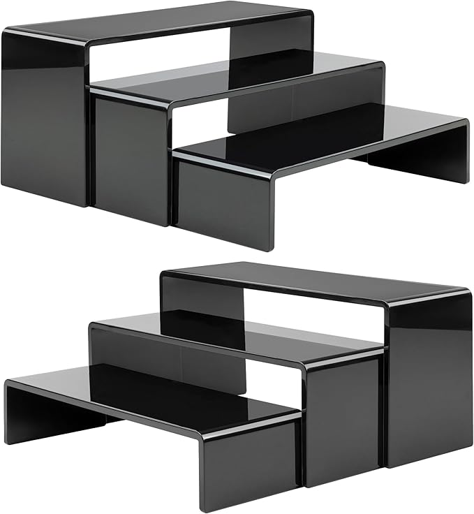 ANDGOO 6 Pcs Acrylic Display Risers, 2 Set(7.9”L, 8.3”L, 8.7”L) Rectangular Display Stands, Acrylic Display Shelves for Figures, Perfume Organizer, Cupcake Dessert Table Display Set, Black
