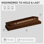 Homeforia 30inch Walnut Floating Shelves for Wall Mounted, High End Solid Real Wood 30 in Floating Shelf, Dark Brown Wooden 30 inch Long Floating Shelves, Heavy Duty Bracket, 30 X 6.5 X 1.75, Set of 4