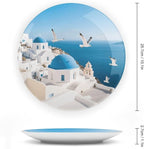 Santorini Greek Island Ceramic Display Plate Decorative Round Hanging Bone China Plate with Display Stand for Kitchen Dining Room Wine Cabinet Home Décor Art Decoration 10inch