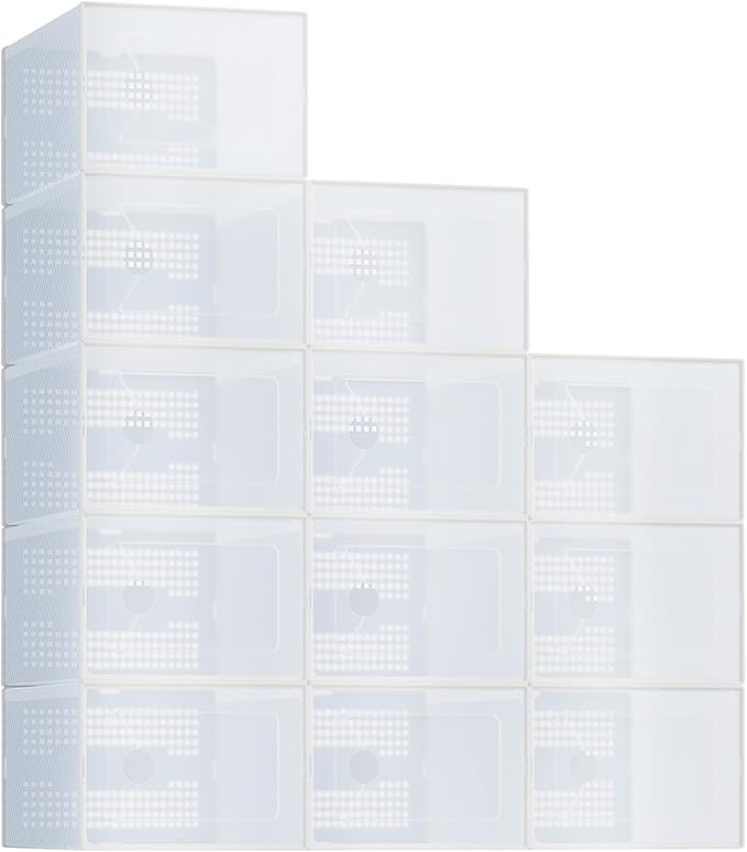 NEWBULIG 12 Pack Clear Shoe Storage Boxes, Shoe Organizer for Closet with Lid, Plastic Stackable Breathable Shoe Cabinet with Lid for Sneakers, Heels & Boots, White