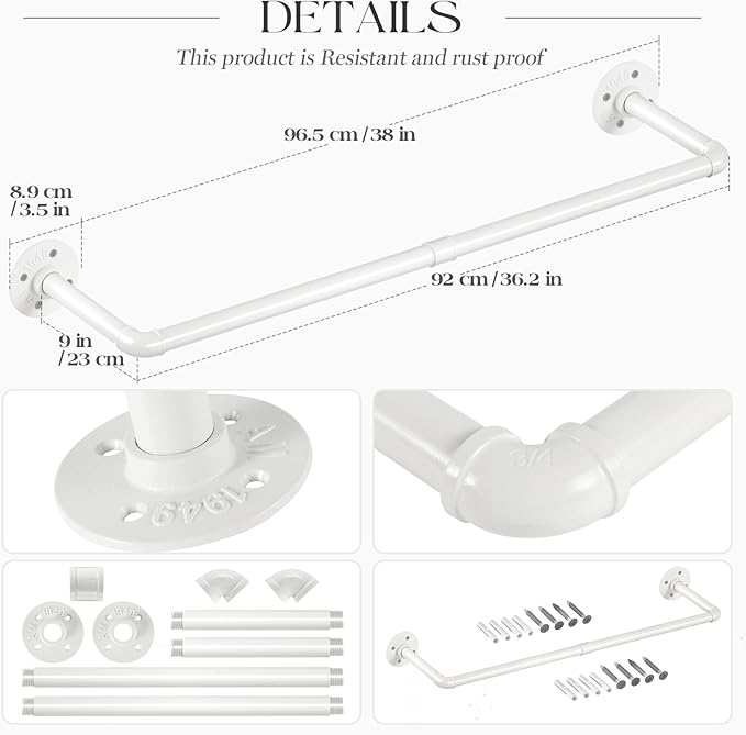 ERYTLLY Industrial Pipe Wall Mounted Clothes Rack,38 Inches Heavy Duty Detachable Garment Rack,Multi-purpose Hanging Rod for Closet,White