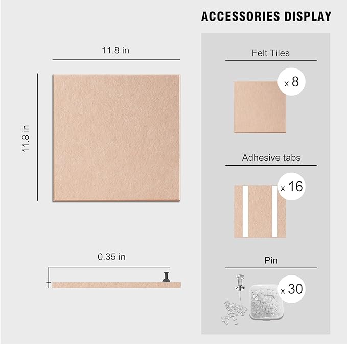 TSJOFFICE Large Cork Board for Wall - 48" x 24" Bulletin Board with 30 Pushpins for Office Decor, Pin Board 8 Pack Felt Tiles with Safe Removable Adhesive Tabs, Corkboard for Home - Cinnamon & White