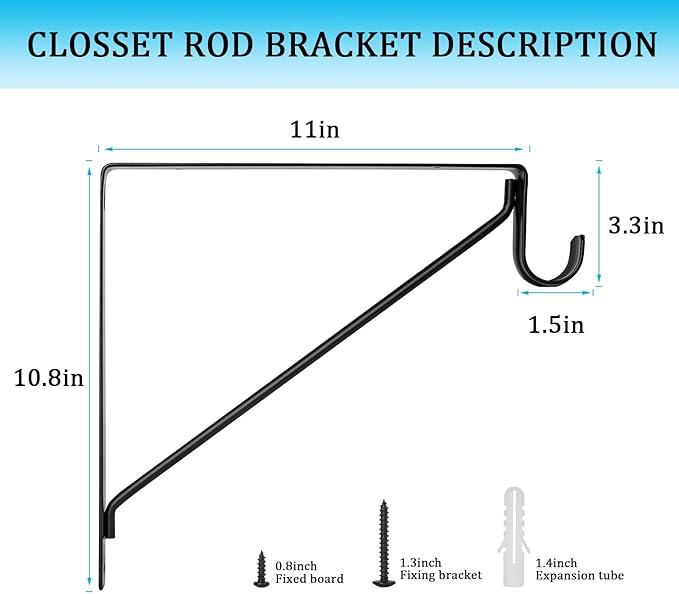 4PCS Heavy Duty Black Closet Rod Brackets 11 x 11 Inch,1-3/8Inch Diameter Shelf and Rod Bracket Holder for Home and Closet Decor, Wall Mount Closet Pole Supports Bracket Hook with Screws