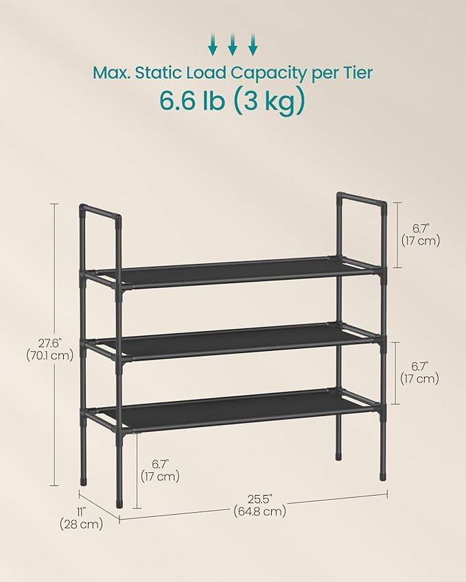 SONGMICS 3-Tier Shoe Rack, Shoe Storage for Hallway Closet, Slim and Space-Saving, Metal Frame, Non-Woven Fabric Shelves, Black ULSH043BH01