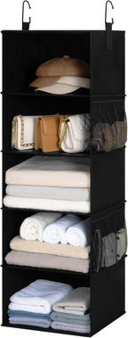 StorageWorks 5-Shelf Hanging Closet Organizers, Foldable Closet Storage Organizer with 2 Side Pockets, Portable Hanging Shelves for Clothes, Sweater, Towels, 12 1⁄2" D x 15" W x 48" H, Black
