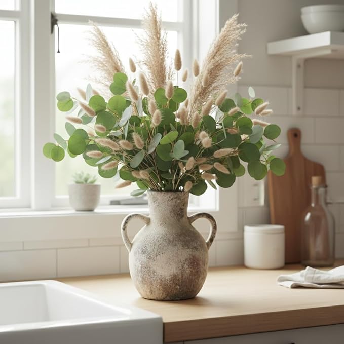 SIDUCAL Rustic Ceramic Farmhouse Flower Vase with 2 Handles, Whitewashed Terra Cotta Vase, Decorative Pottery Flower for Home Decor, Table, Living Room, Shelf Decor, 7.3 Inch, Terra