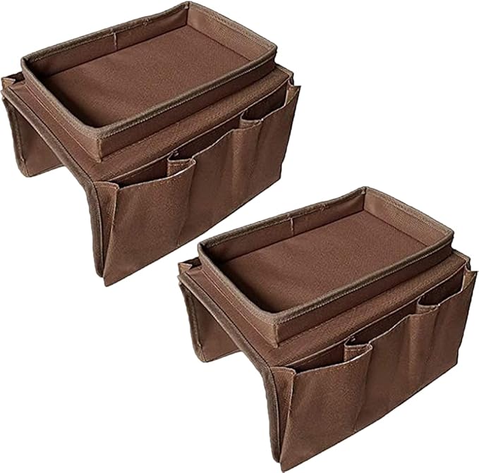 Sofa Armrest Organizer, Couch TV Remote Storage Organizer with Pockets for Recliner Armchair Snacks Glasses Smartphone Magazines Pouch (Brown+Brown)
