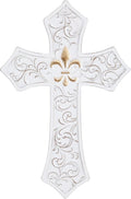 TRENDIN Gold Cross for Wall, Rustic Wooden Cross with Fleur de Lis, Decorative Hanging Christian Wall Art for Home, Living Room, or Bedroom, Distressed White