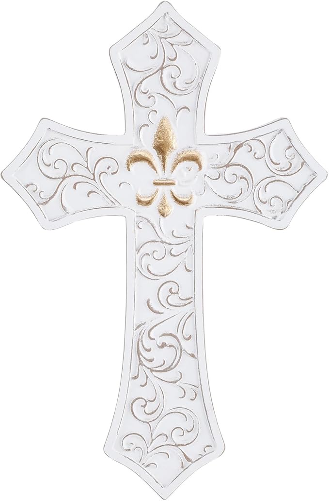 TRENDIN Gold Cross for Wall, Rustic Wooden Cross with Fleur de Lis, Decorative Hanging Christian Wall Art for Home, Living Room, or Bedroom, Distressed White