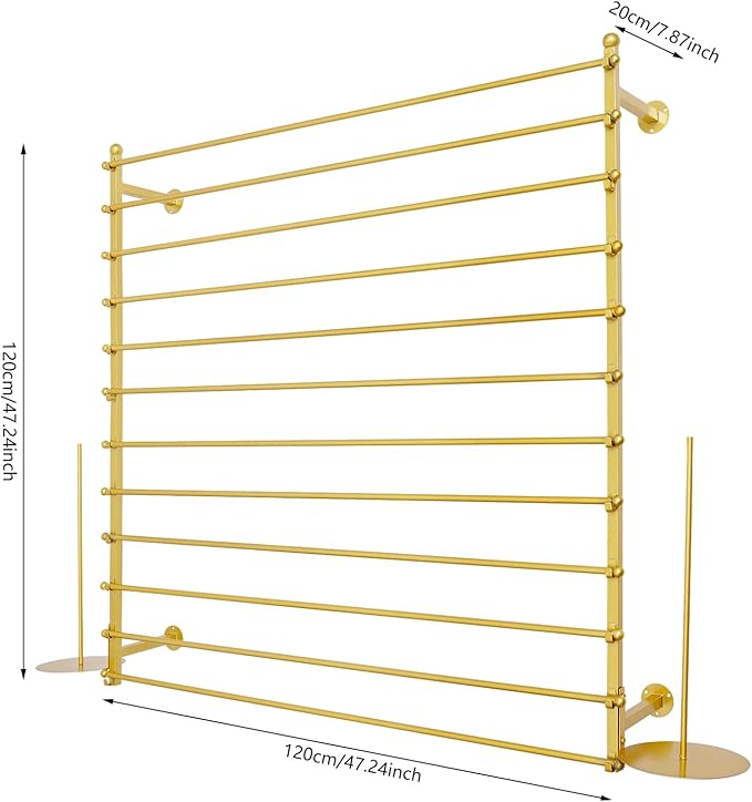 12-Tier Wall Mounted Scarf Rack, Scarf Display Rack, Towels Storage Hanger, Commercial Hijab Scarf Holder Organizer Space Saving for Retail Stores, Boutiques, Home (Gold, 47in Width)