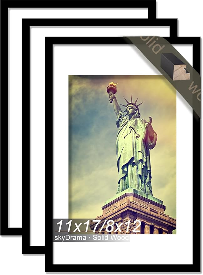 100% Solid Wood 11x17 Picture Frame Set of 3, Black Frame Display Photo 8x12 with Mat or 11 x 17 without Mat, 11by17 HQ Matte Black Frame for Wall - 3 Pack/Black/11 x17