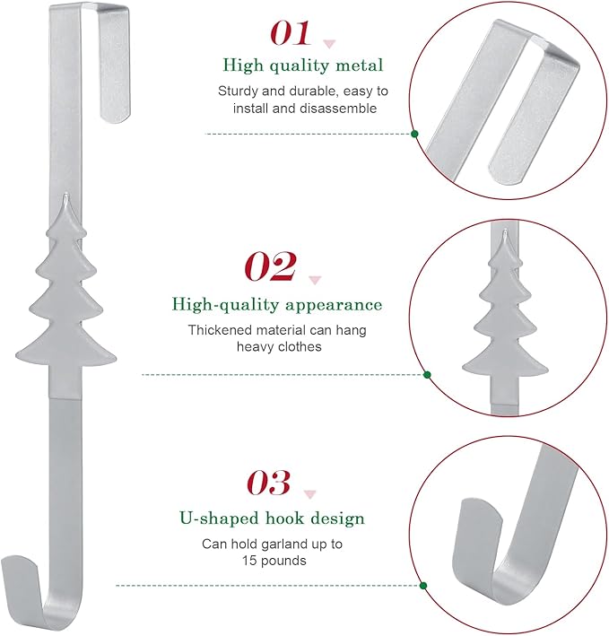 15 inches Christmas Decorative Wreath Hangers for Front Door;Over the Door Hooks (Silver, Christmas Tree)