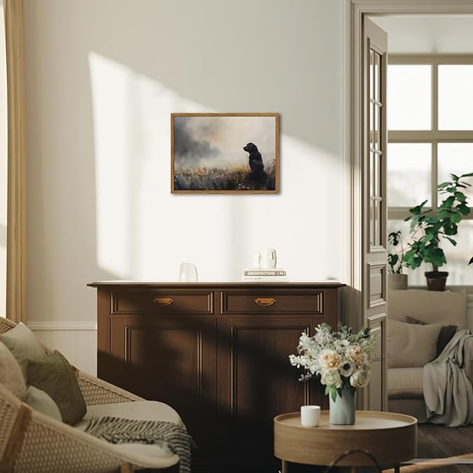 Framed Vintage Black Dog Canvas Wall Art, Rustic Hunting Dog in Wildflower Meadow Pictures Wall Decor, Farmhouse Animal Nature Paintings Prints Home Decor for Living Room Bedroom 12x16 inch