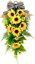 23.6inch Artificial Sunflower Swag for Front Door Faux Sunflower Teardrop Swags Wreath with Linen Bow Spring Summer Floral Swag for Farmhouse Wall Window Cabinet Decor