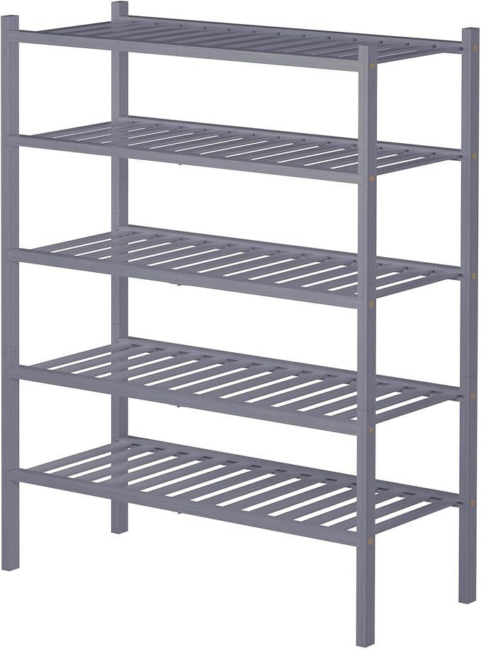 5 Tier Bamboo Shoe Rack for Closet Free Standing Wood Shoe Shelf for Entryway Small Space Stackable 27"x11"x33" (Grey)
