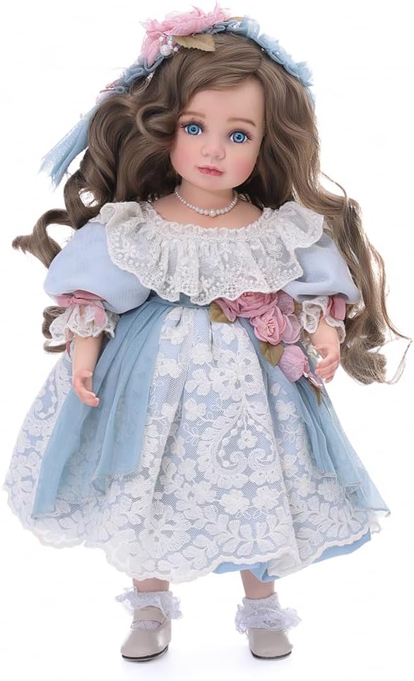 18 Inch Kawaii Porcelain ＆ Fabric Doll Cute European Retro Handmade Ceramic Doll with Showing Stand for Room Decor, Birthday Gifts, Collectible ，Name Olivier (Blue)