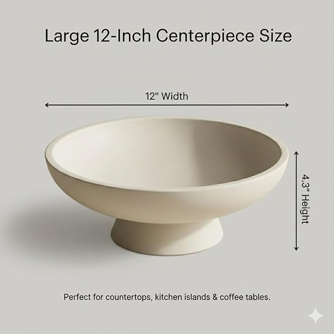 12" Concrete Extra Large Fruit bowl for Kitchen Counter, Coffee Table Decor, Decorative Key Bowl, Home Décor Accents, Kitchen Counter Decor Grey