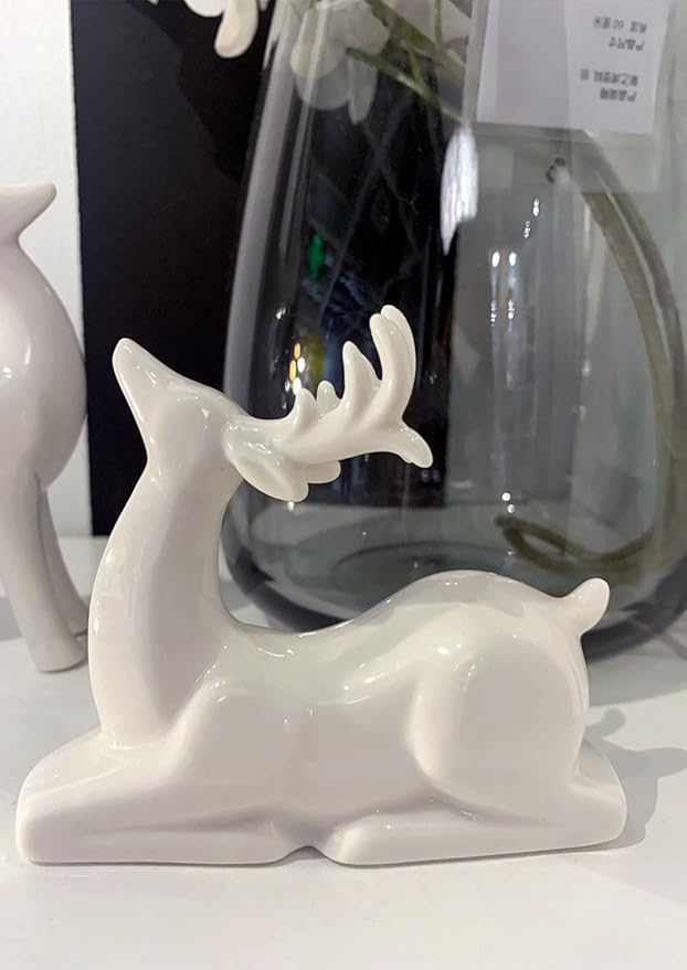 Porcelain Christmas Reindeer Figurines, Pack 2 Mini Animal Reindeer Decor Deer Statues Sculpture Tabletop Ornaments for Cabinet Mantel Shelves Fireplace Home Décor Accents Collectible Figurines