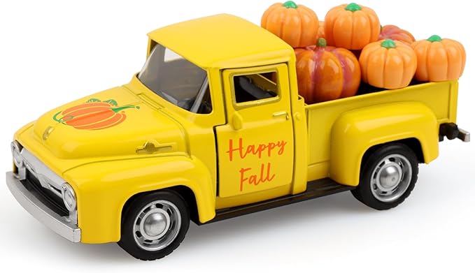 Fall Tiered Tray Decor Pumpkin Metal Truck with 8 PCS Plastic Pumpkin Fall Centerpieces for Thanksgiving Tables Home Kitchen Mantel Shelf Bookshelf Coffee Mini Truck Decorations