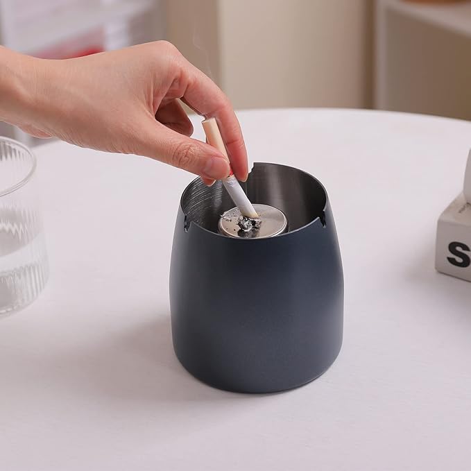 Large Ashtray with Lid for Cigarette, Stainless Steel Smokeless Odorless Windproof Ash tray for Home Office Tabletop Outside Patio Outdoor Balcony(3.93''x3.2''x3.82'')