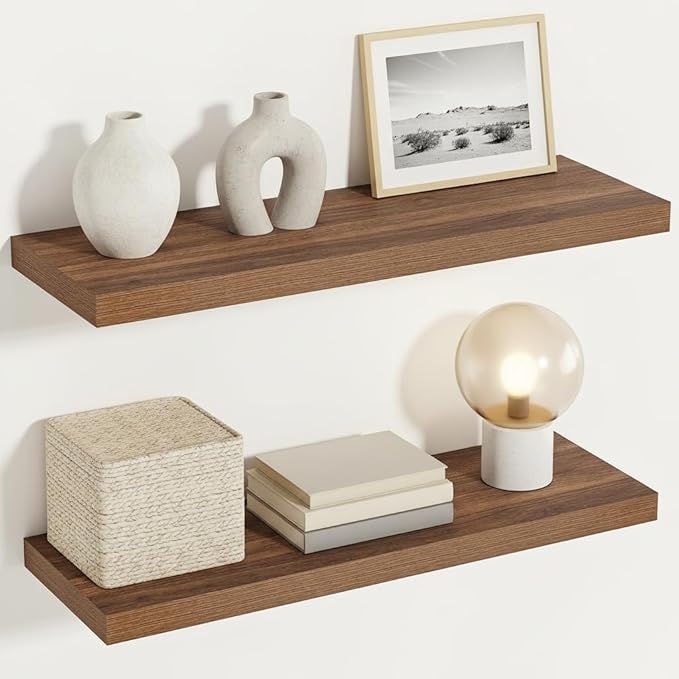 Vivelove Rustic Floating Shelves for Wall 12 Inch Deep, 24" X 12" X 1.5" Floating Shelf, 2 Inch Thick Shelf for Living Room Bathroom Bedroom Kitchen Office, Rustic Farmhouse Decor Set of 2, Walnut