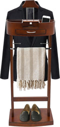 Valet Stand for Men, 22.05 lbs Load Capacity Modern Freestanding Clothing Organizer Multi Role Wood Valets Stand Vintage Brown Birch Wood Suit Rack with Drawer & Trouser Holder for Bedroom (Brown)