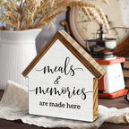 Farmhouse Kitchen Decor, Meals and Memories are Made Here House Shaped Wooden Block Sign, Rustic Dining Room Kitchen Decor for Desk Table Shelf