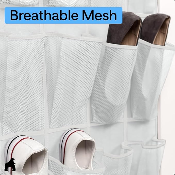 GORILLA GRIP Over the Door Shoe Organizer, 35 Large Breathable Mesh Pockets, Space Saving Hanging Storage Holder, 5 Hook Closet Rack Hanger, Hangs on Closets for Shoes, Accessories 68.5H x 24.5W White