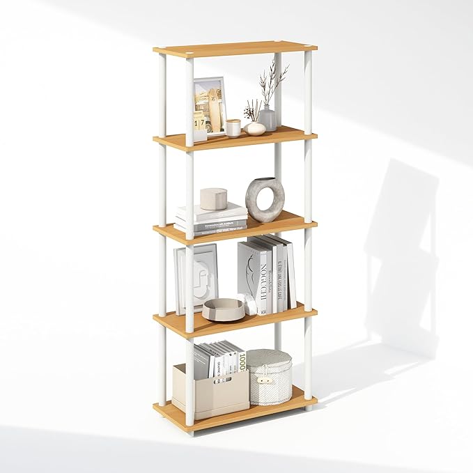 Furinno Turn-N-Tube Book Shelf, 5-Tier Bookshelf, Bookcase with Multipurpose Compact Display Rack, 11.6 x 23.6 x 57.4, for Living Room, Bedroom, Home Office, Beech/White