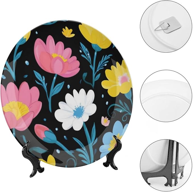 Flowers Theme Decorative Ceramic Plate Round Porcelain Plate,7 inch,Nature Pattern,for Decorative Ornaments Giving Plates,1 Plate with 1 Display Stand,Pink Yellow