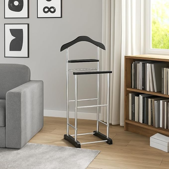 Proman Products Twin Valet with Wooden Hanger Tray & Trouser Bar, Black
