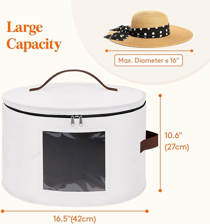 Lifewit Round Cowboy Hat Box for 7 Caps, Large Felt Hat Organizer Bag for Men&Women Storage, Baseball Cap Container with Lid for Travel, Foldable 16.5" Dx10.6 H Carrier, 37L Each, White 1 Pack