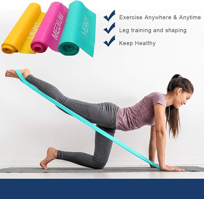 Coolrunner 7FT. Long Latex Free Elastic Flat Exercise Band Set of 3 with Carry Bag, Wide Fitness Resistance Bands for Pilates, Gym, Physical Therapy, Yoga, Carry Bag, Green & Yellow & Rose Red