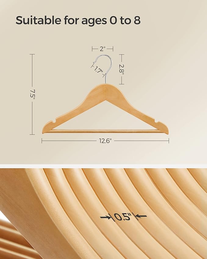 SONGMICS Kids Wooden Hangers 10 Pack, Solid Wood Baby Hangers, Children's Coat Hangers with Pants Bar, Shoulder Notches, Swivel Hooks, 12.6 x 7.5 Inches, Natural and Silver UCRW006N10