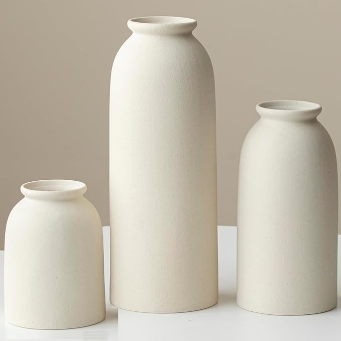 Ceramic Vase Set-3, Large Flower Vases for Decor, Modern Boho Farmhouse Style, 10.4 Inch Tall, 4 Inch Width, Beige Color, Decorative Vases for Pampas Grass, Dried Flowers and Fresh Flowers (XL Beige)