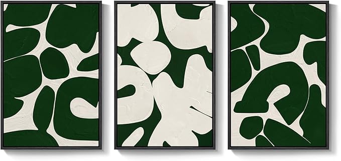 Large Framed Green and White Abstract Wall Art for Living Room, Set of 3 Minimalist Canvas Prints Paintings Artwork for Walls, Mid-Century Modern Pictures for Entryway, Hallway Wall Decor 24x36 In
