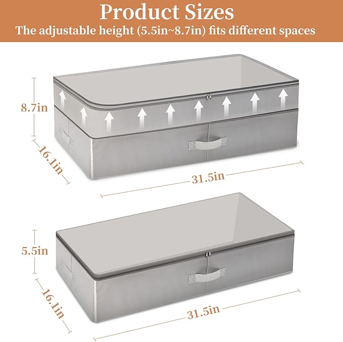 2 Pack 80L Under Bed Storage, Adjustable Height Large Storage Bins With Lids Handles Label Holder, Underbed Storage Containers for Blanket Clothes Shoes Bedroom Closet (Grey)