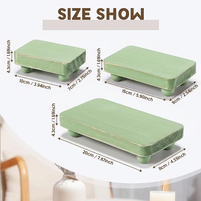 Maitys 3 Pcs Wooden Risers for Display Pedestal Stand Wooden for Decor Farmhouse Vintage Rustic Stackable Kitchen Stand Tray Riser, 3 Sizes(8 x 4.3, 6 x 3.5, 4 x 2.8 in,Green)