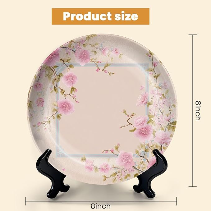 HABEN ARTWORK 8" Ceramic Plates for Display Delicate Pink Floral Frame Oriental Style Border Soft Pink Decorative Plate with Stand and Hook for Kitchen Dining Room Wall Hanging Decor