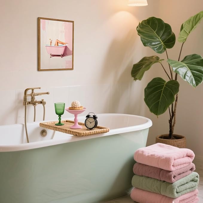 Funny Pink Girl Bathroom Wall Art, Cute Girly Bathtub Wall Decor Painting Trendy Pastel Woman and Martini Bathroom Poster Canvas Print Artwork 16x24 inch Framed