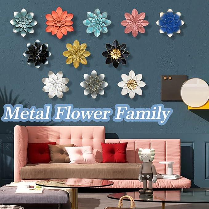 Grey Metal Flower Wall Art Decor, 9.5" Rustic Modern Floral Sculpture, Distressed Iron Wall Hanging Home Decoration Accent for Indoor Kitchen Bedroom Living Room Office Outdoor Garden Patio