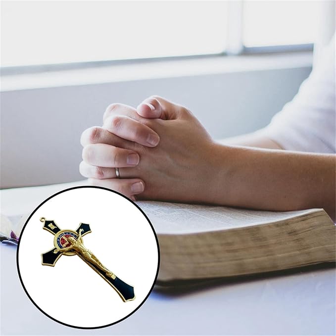Bovemee Saint Benedict Benedictine Red Enamel 4.7X2.7 Inch Protection Wall Crucifix Cross Catholic San Benito Medalla Prayer Decoration (Black)