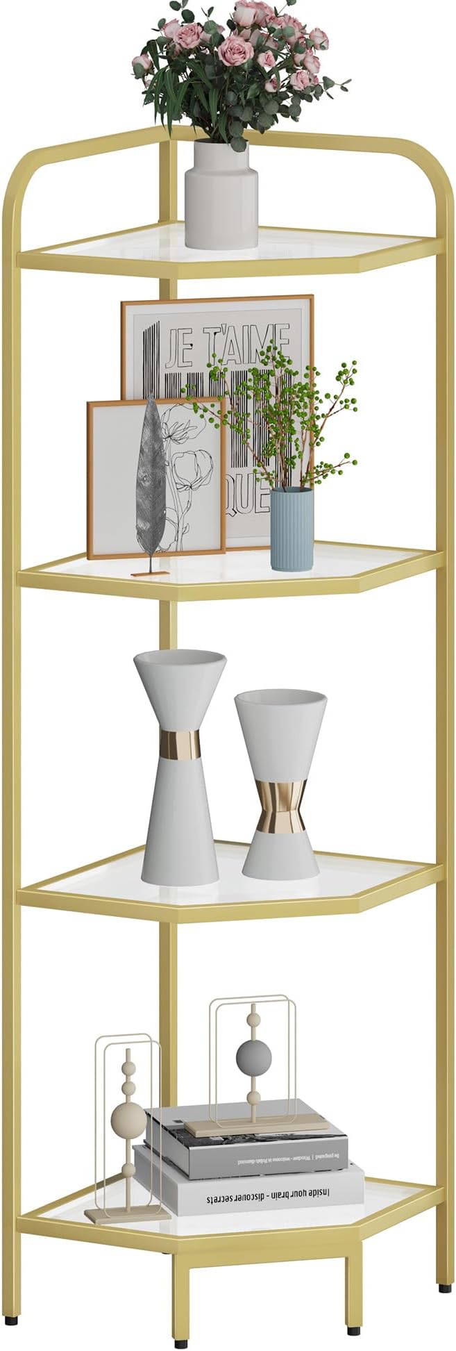 Hzuaneri Corner Shelf Stand, 4-Tier Glass Bookshelf Bookcase, Bathroom Organizer, Plant Stand, Steel Frame, Tempered Glass, Modern Style for Living Room, Bathroom, Kitchen, Golden CS90400G