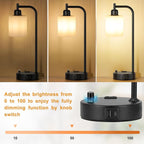 Industrial Bedroom Lamps for Nightstand Set of 2 - Fully Dimmable Bedside Lamps with USB A C Ports and Outlet, Black Table Lamps with Opal Glass Shade for Living Room, Desk Lamps for Office Reading