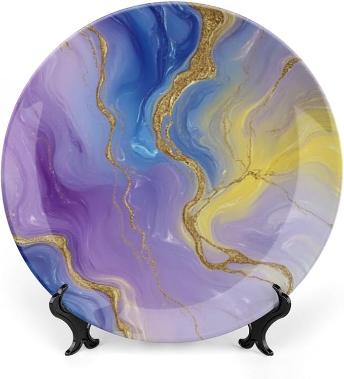Marble Texture Theme Decorative Ceramic Plate Round Porcelain Plate,10 inch,Abstract Pattern,for Decorative Ornaments Giving Plates,1 Plate with 1 Display Stand,Purple Gold