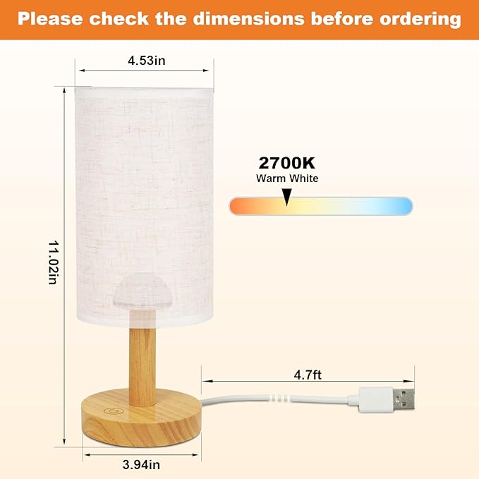 Small Touch Table Lamp with Stepless Dimming&USB Plug,Natural Round Wood Base&Linen Fabric Shade |Soft Ambient Warm Night Light|Minimalist Boho Bedside Lamp for Bedroom,Nightstand,Nursery,Kitchen,Dorm