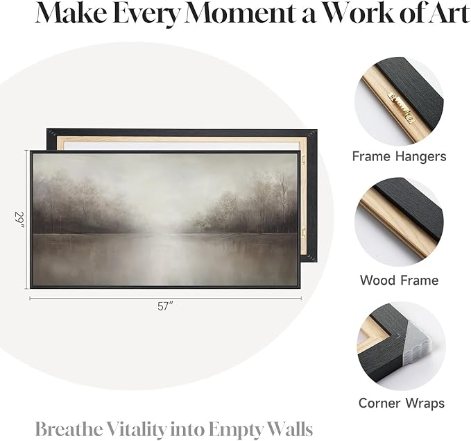 Framed Abstract Landscape Wall Art for Living Room, Extra Large Brown Misty Lake Trees Canvas Artwork for Walls, Horizontal Minimalist Wabi Sabi Painting Print for Bedroom Office Wall Decor, 30x60 In