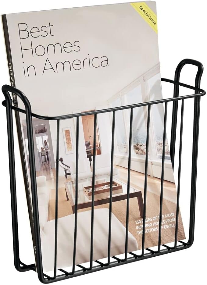 mDesign Metal Wall Mount Decorative Magazine Rack Organizer Bin Holder, Basket for Living Room, Bathroom, Bedroom, Home Office - Holds Books, Newspapers, Tablets - Concerto Collection - Black