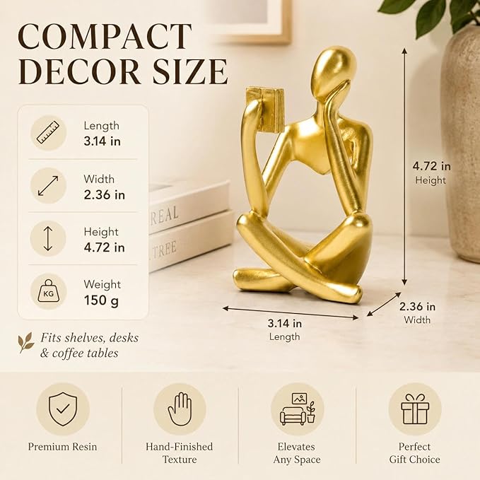 Gold Accent Bookshelf Decor Thinker Statue, Abstract Reading Figurine Style B, Resin Decorative Bookend for Coffee Table, Shelf, Office, Library